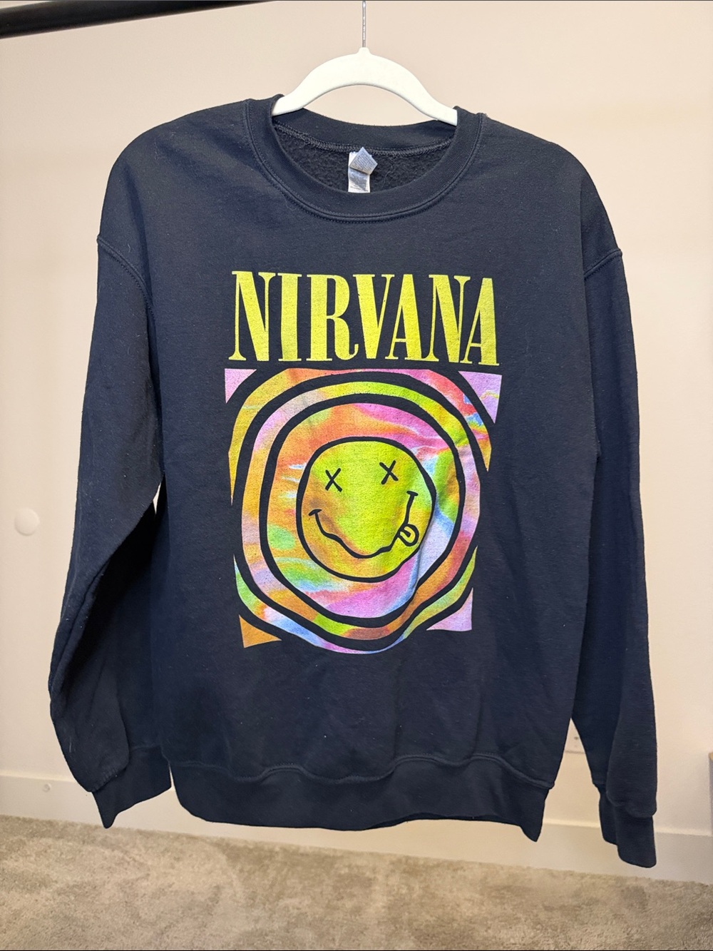 NIRVANA Black Crewneck Sweatshirt with Neon Tie-Dye Smiley - Size Medium